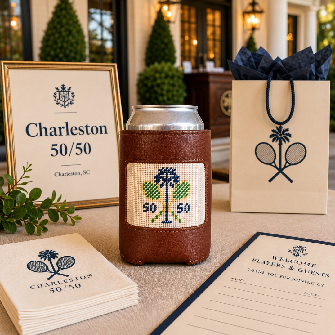 Charleston 50/50 needlepoint koozie
